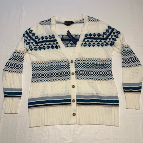 Pendleton Sweaters - Pendleton White Blue Aztec Linen Blend Cardigan Sweater Women’s Small New